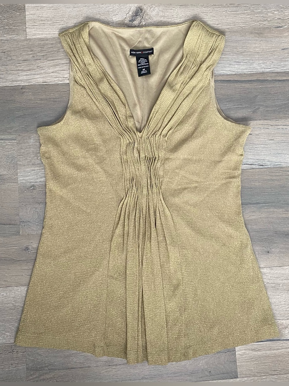 Vintage Y2K Tan Glitter Metallic Sleeveless Pleated Front V Neck Top